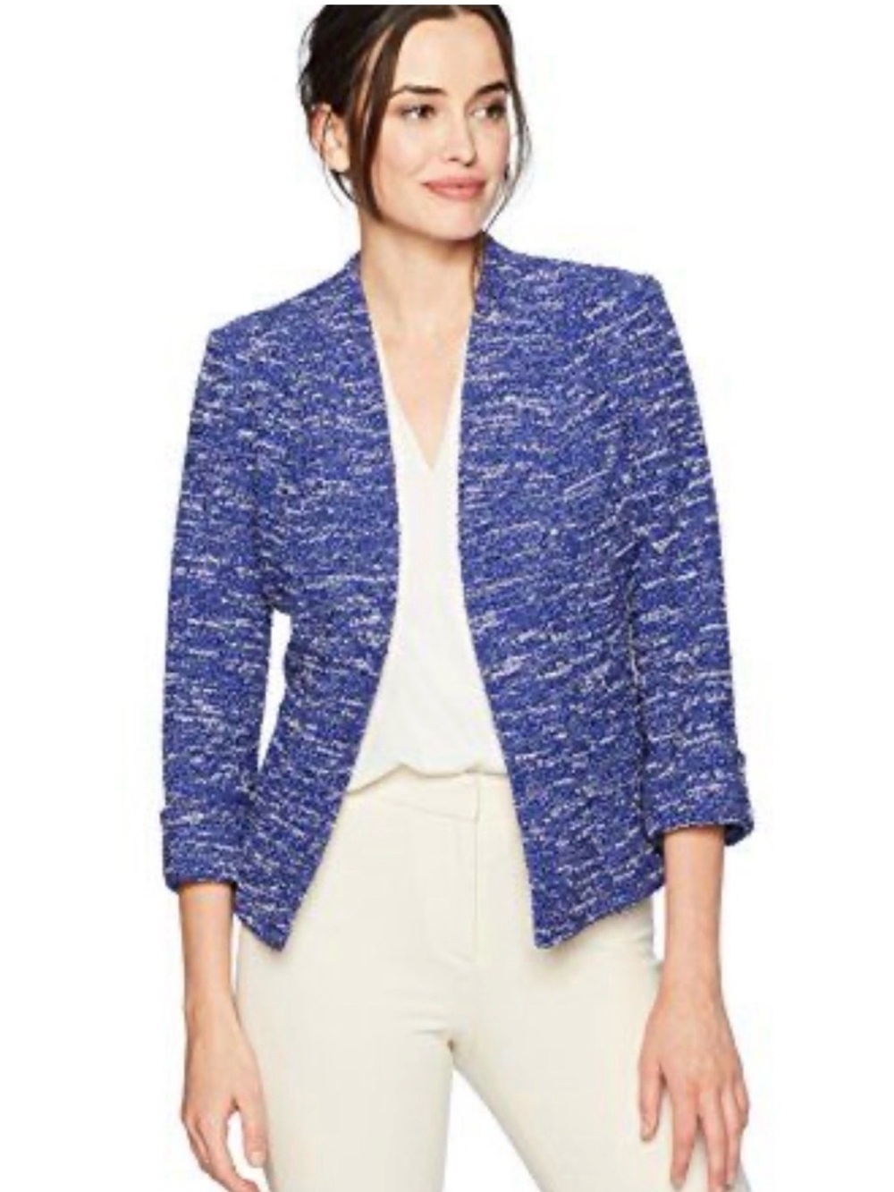 Kasper Blue Bouclé Cropped Open Front Blazer Size 12